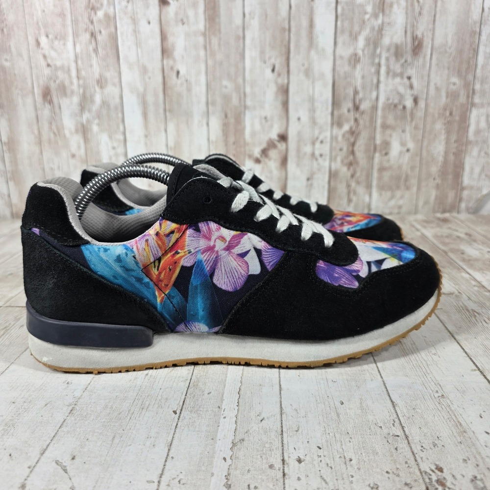 Inkkas Womens 10 Black Suede Tropical Floral Low Top Sneakers Bird of Paradise